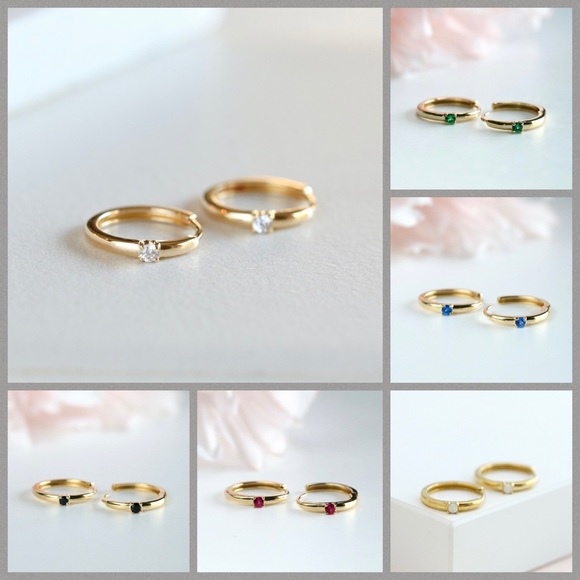 14K Yellow Gold CZ Diamond Huggie Hoop Earrings, NWT - Picture 6 of 6